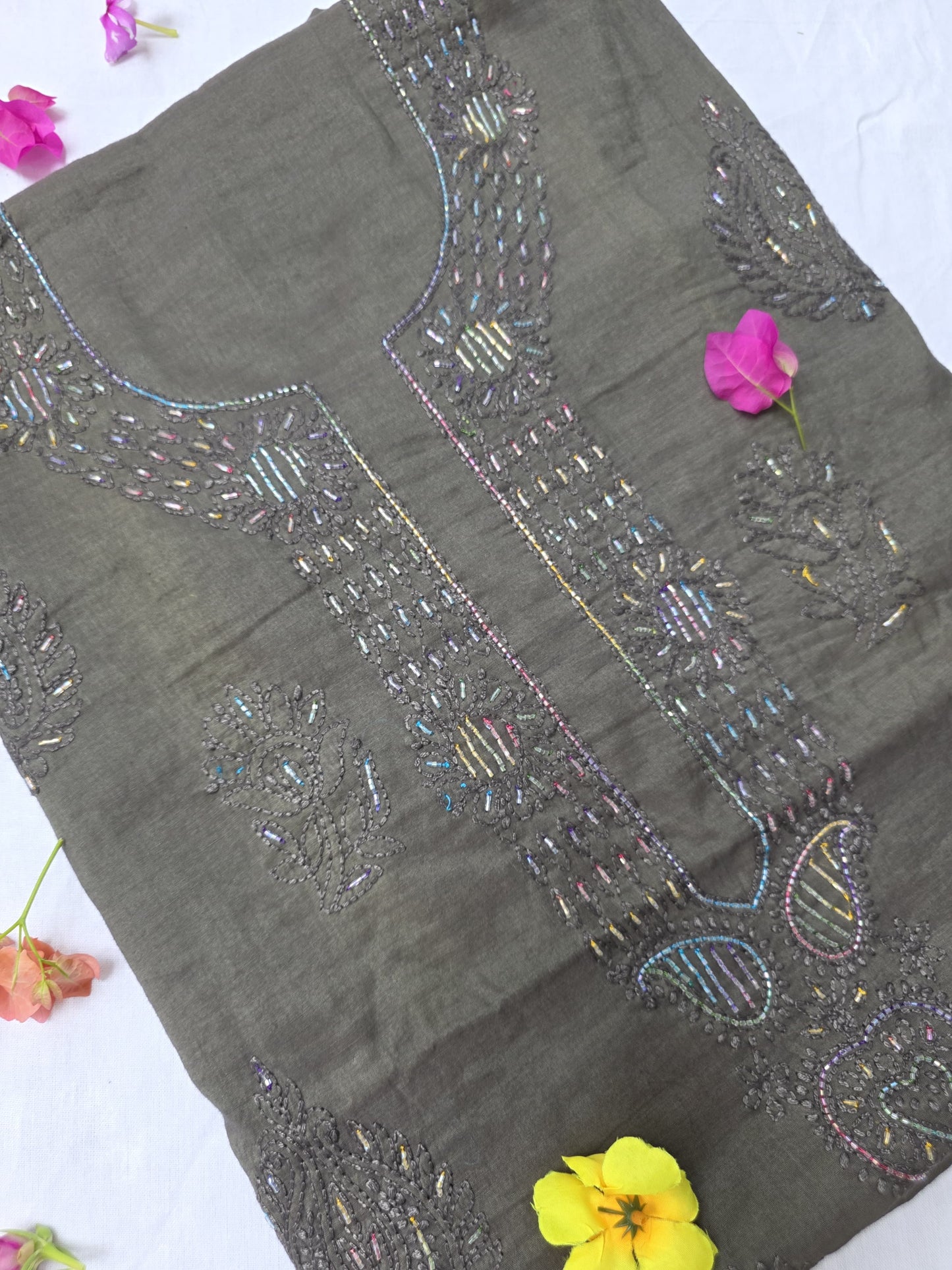 MOONLIGHT- MUL CHANDERI Moss Green With Colorful cut dana