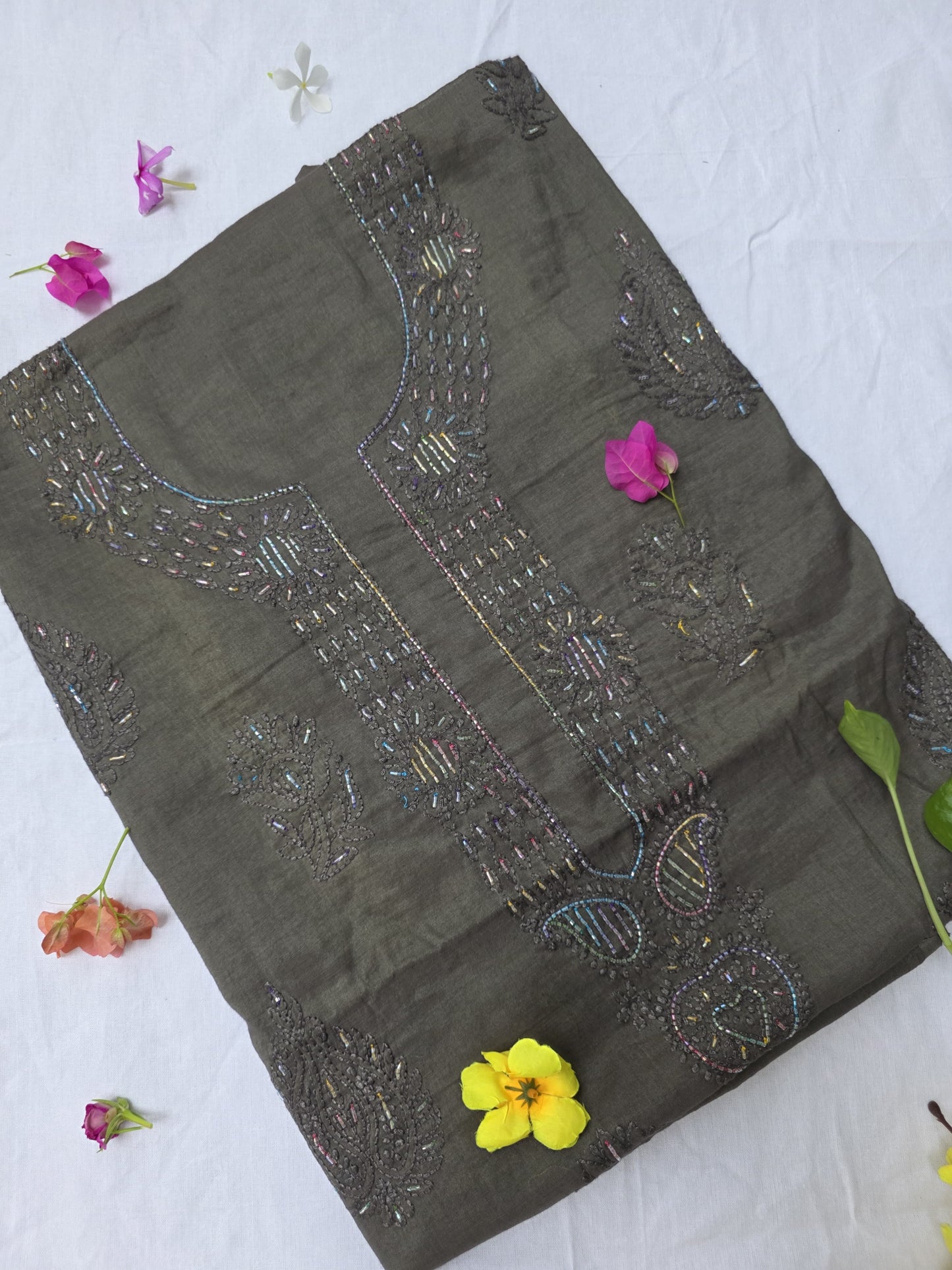 MOONLIGHT- MUL CHANDERI Moss Green With Colorful cut dana