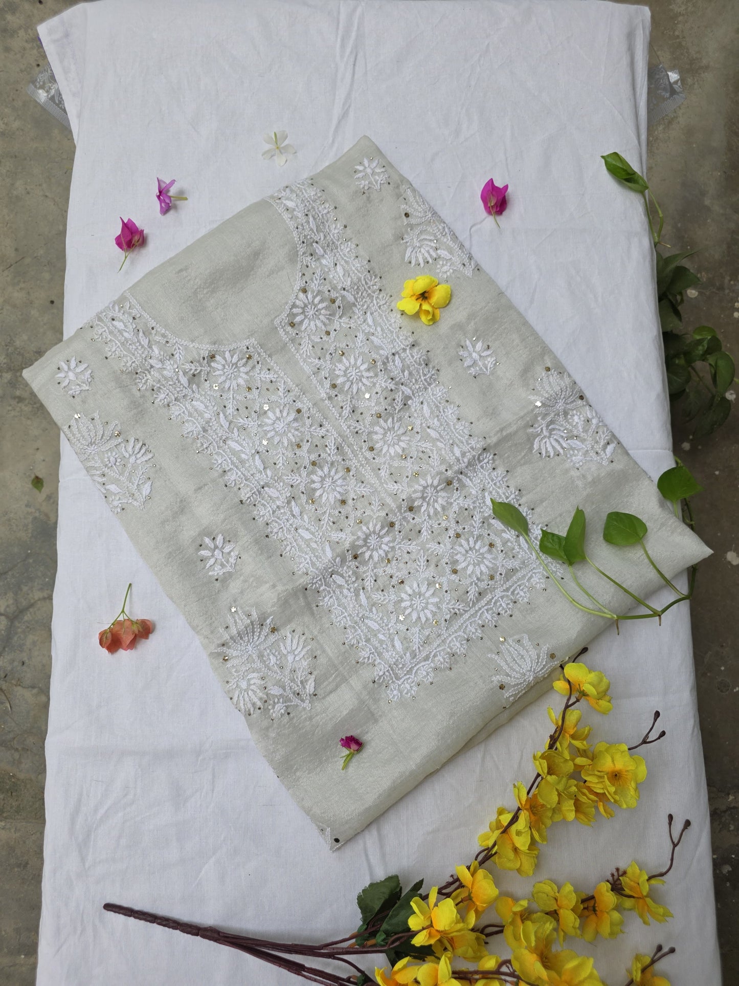 DUNES - TISSUE SILK- Pista Green Color with White thread and Mukaish embroidery