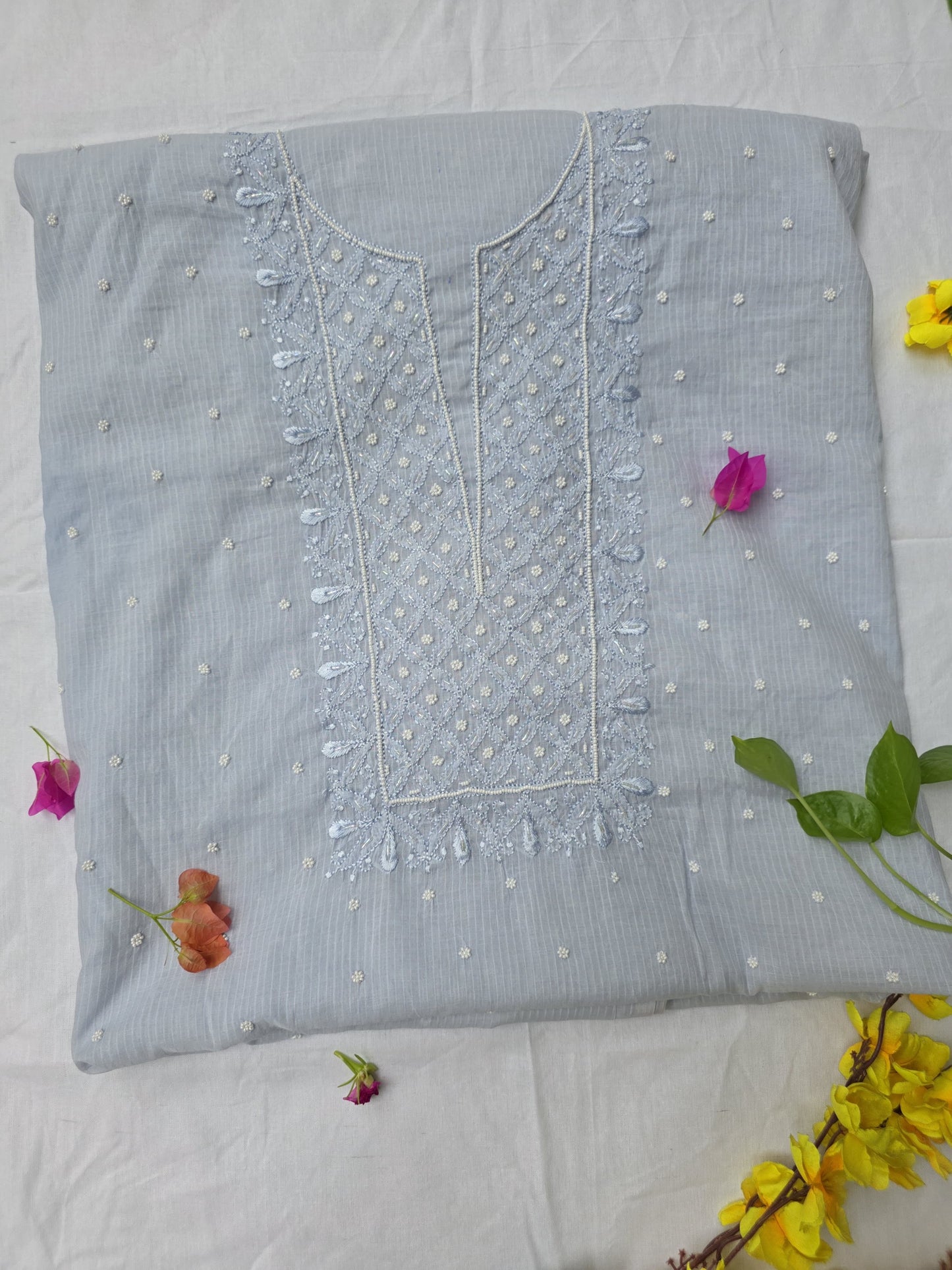 MUSE- KOTA COTTON- Light Blue with Shiny blue embroidery