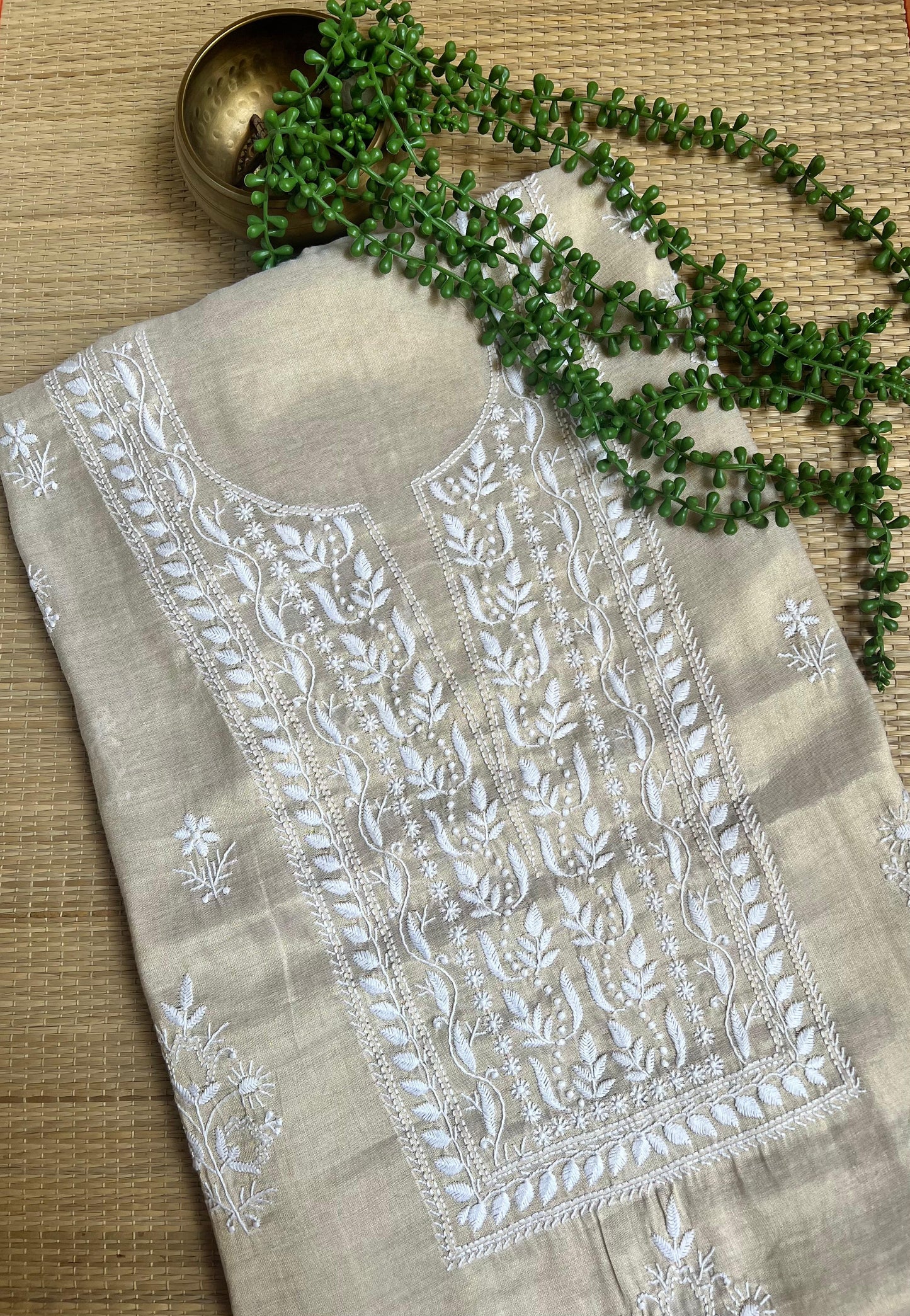 DUNES - TISSUE SILK- Beige fabric white embroidery