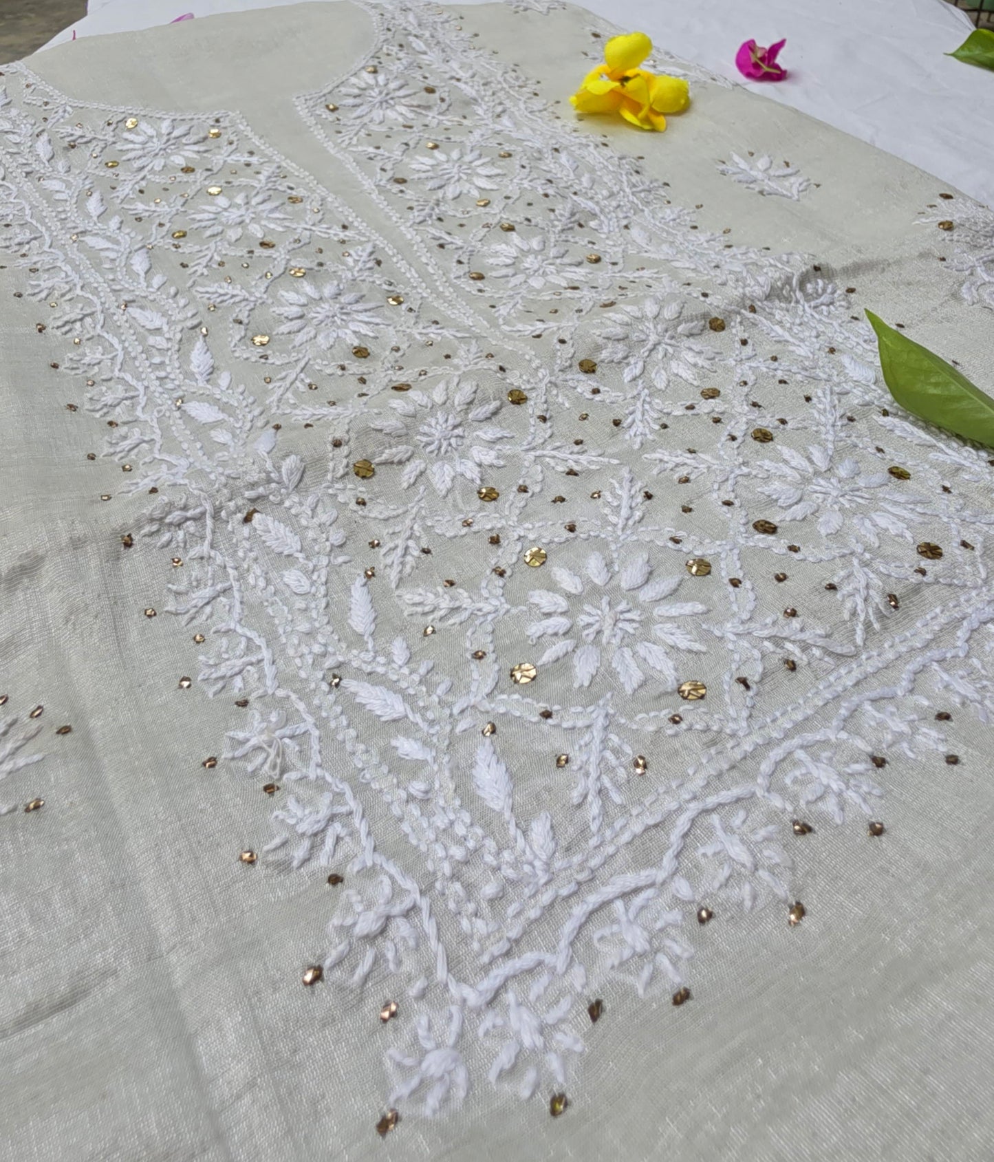 DUNES - TISSUE SILK- Pista Green Color with White thread and Mukaish embroidery