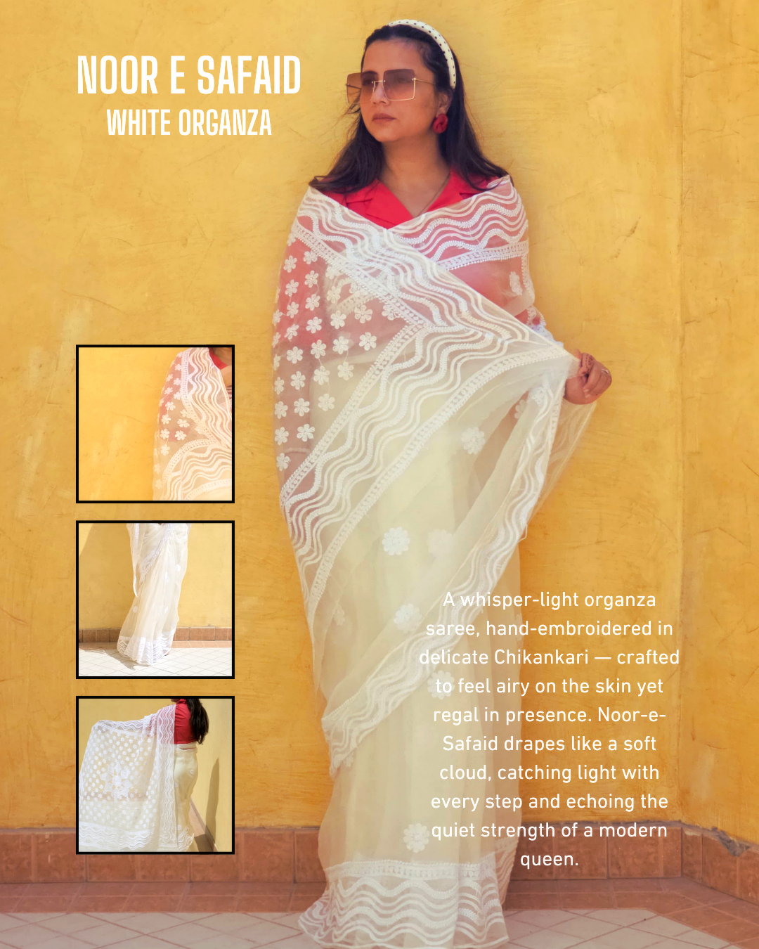 Noor‑e‑Safaid – Hand‑Embroidered White Organza Chikankari Saree