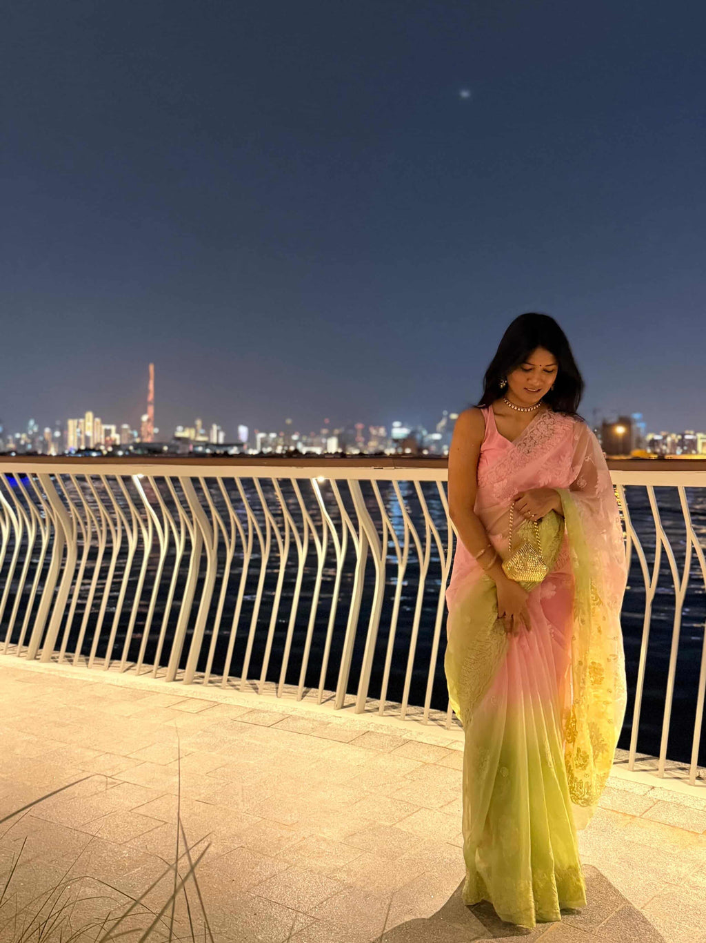 Dohri -Dual Tone Ombre Pink & Green Chikankari Organza Saree
