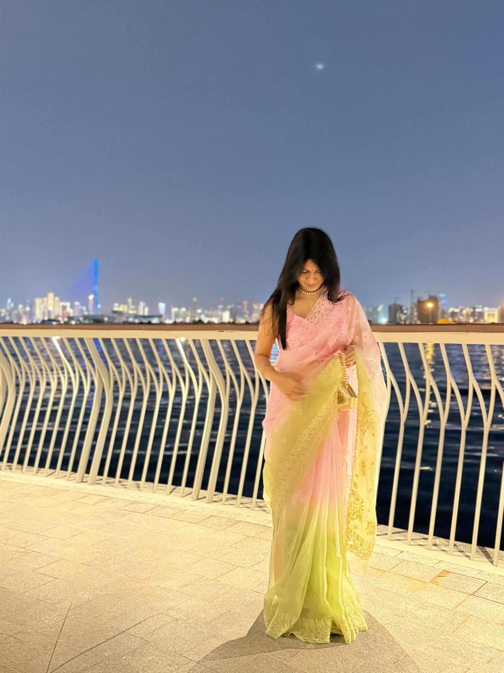Dohri -Dual Tone Ombre Pink & Green Chikankari Organza Saree