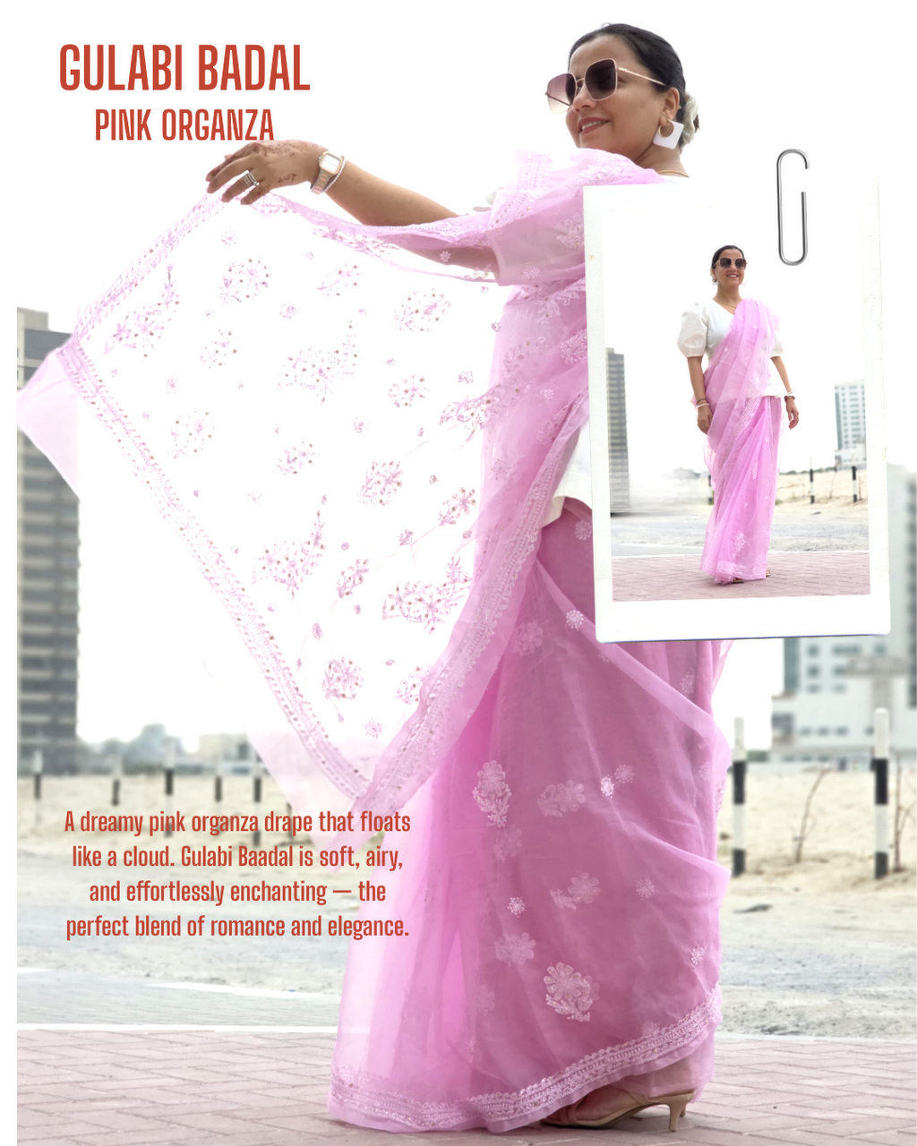 Gulabi Badal – Dreamy Pink Organza Saree with Floral Chikankari