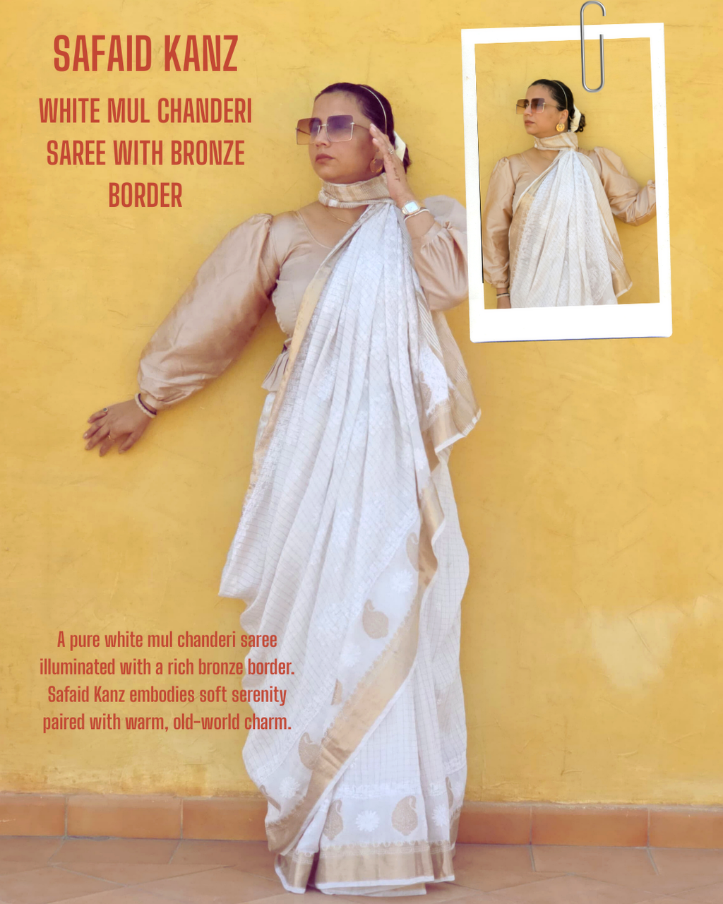 Model in a pure white mul chanderi saree featuring a rich bronze paisley border, exuding old‑world charm and serenity.