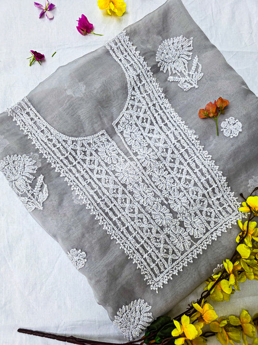 WHISPER- ORGANZA- Dull Grey white embroidery