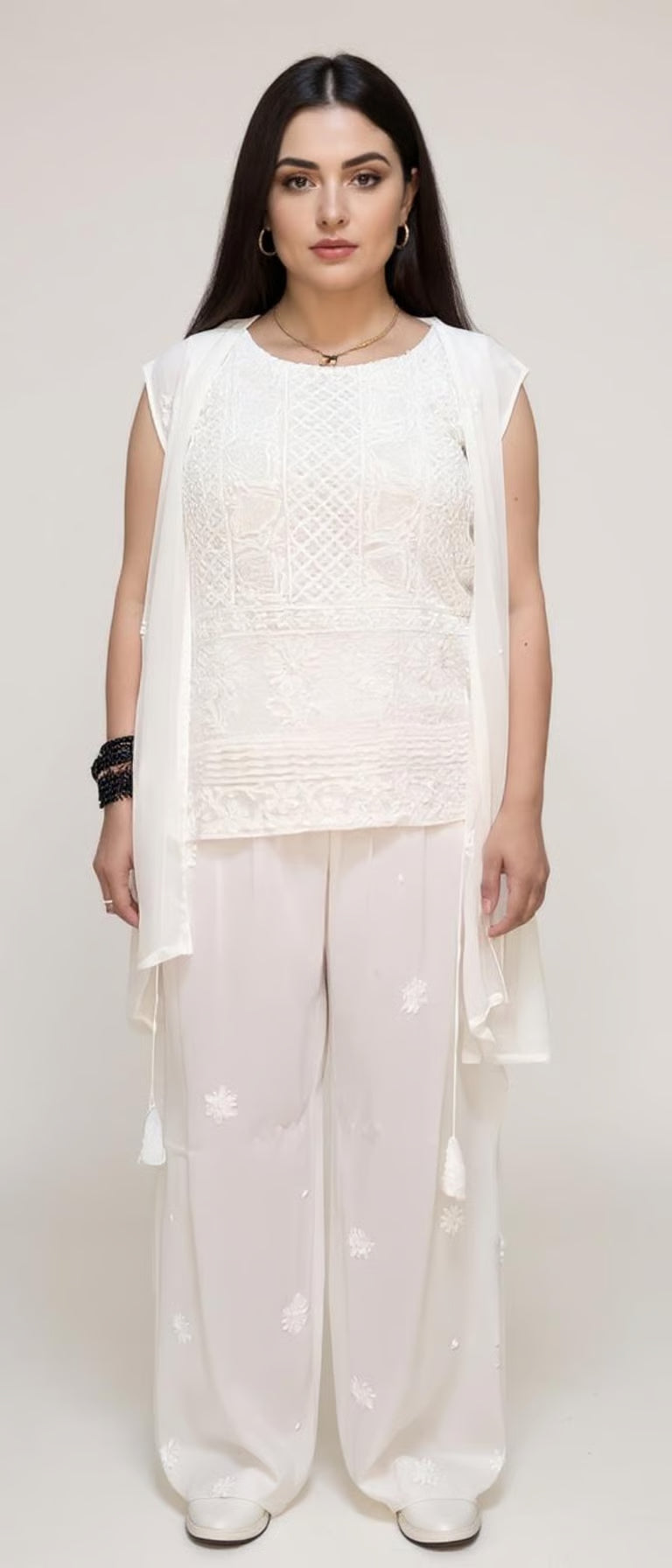 POEM- Premium Viscose Georgette White Co-ord Set with Embroidered Pant, Top and CoverUp