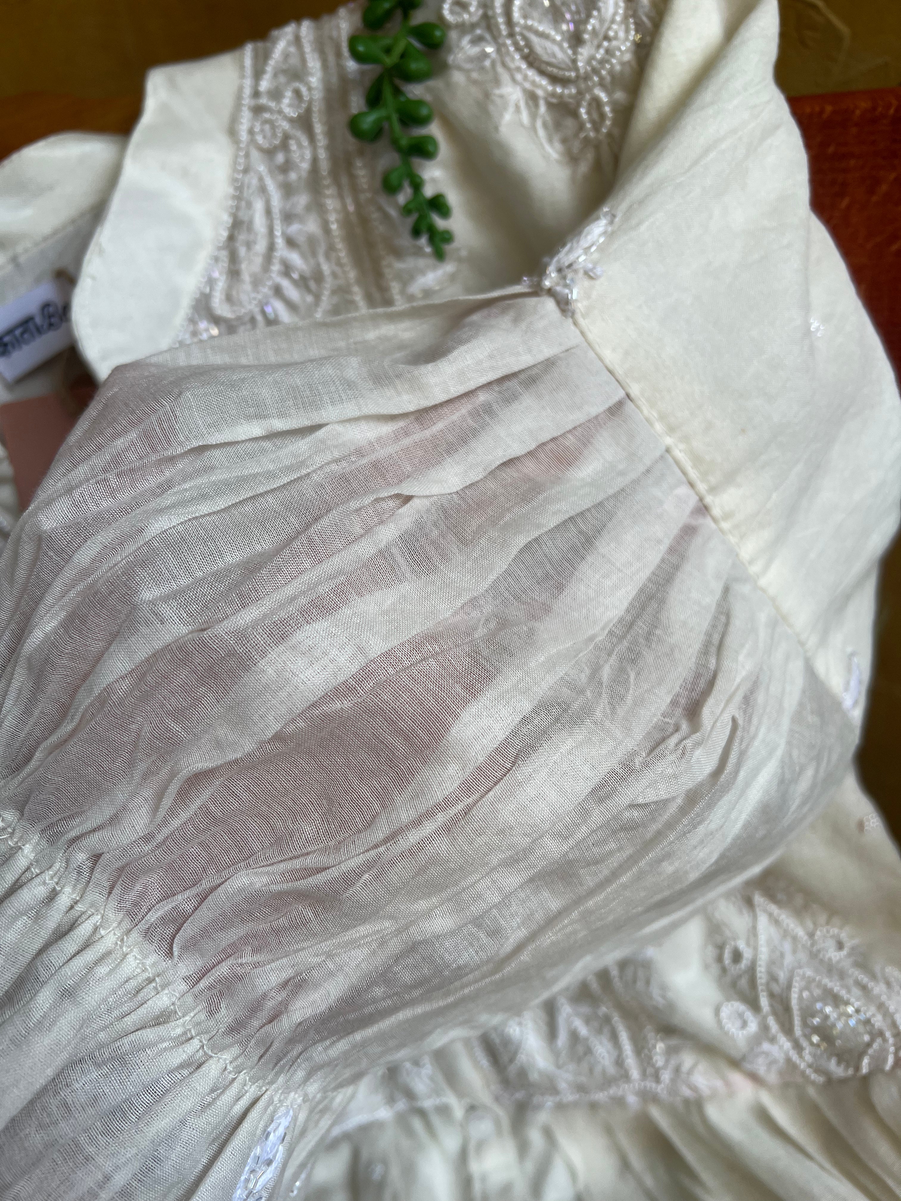 MOONLIGHT Crescent- Mul Chanderi Off White Fit and Flare Dress with Pleated sleeves