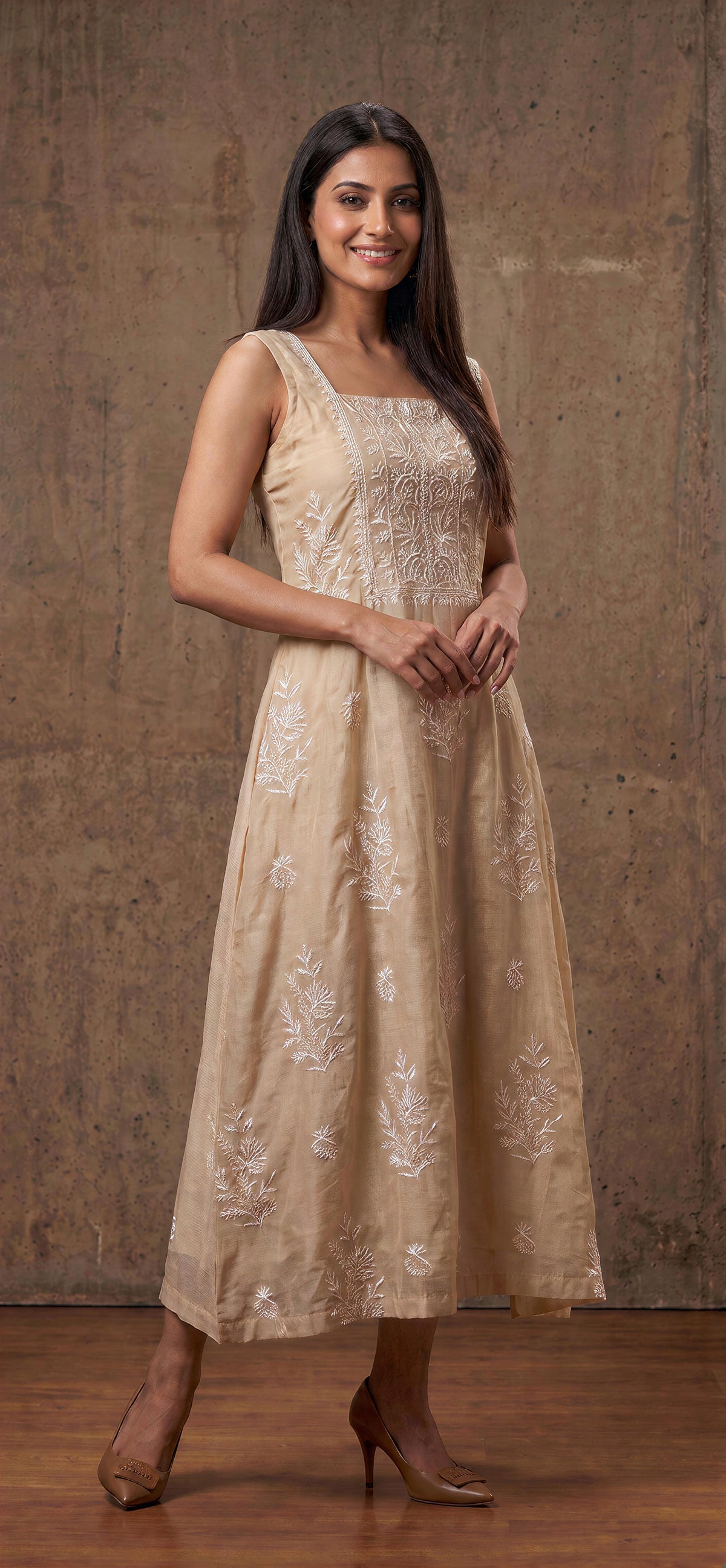DUNES Chikankari Tissue Silk Straight Midi Dress