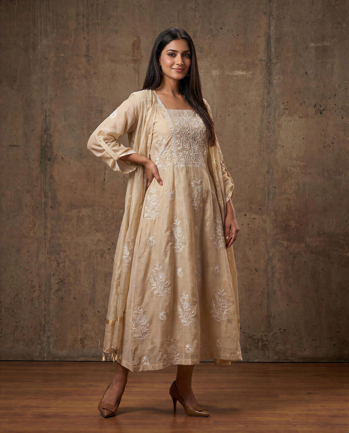 DUNES Chikankari Tissue Silk Straight Midi Dress