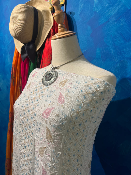 POEM- VISCOSE GEORGETTE- White with colorful cut dana work