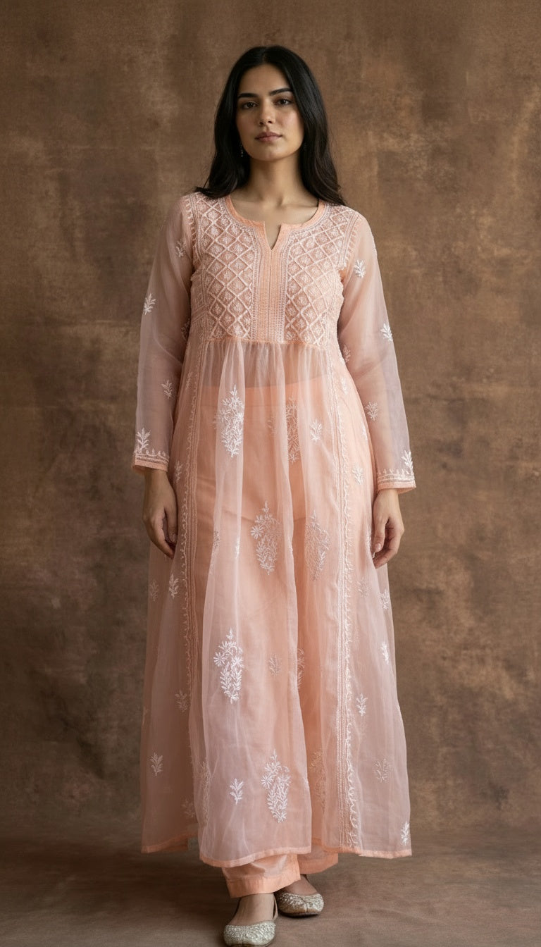 Whisper Organza Chikankari Long Kurti
