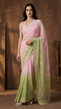 Dohri -Dual Tone Ombre Pink & Green Chikankari Organza Saree