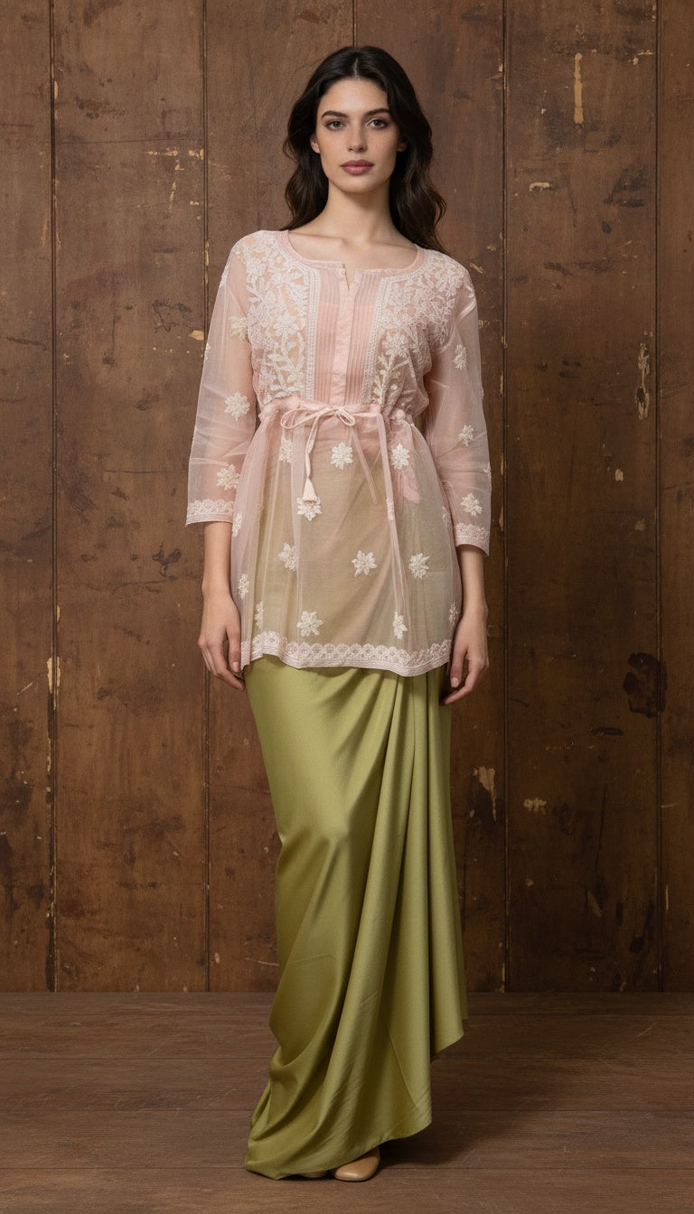 Chikankari Whisper Organza Peplum Set with Satin Drape Skirt