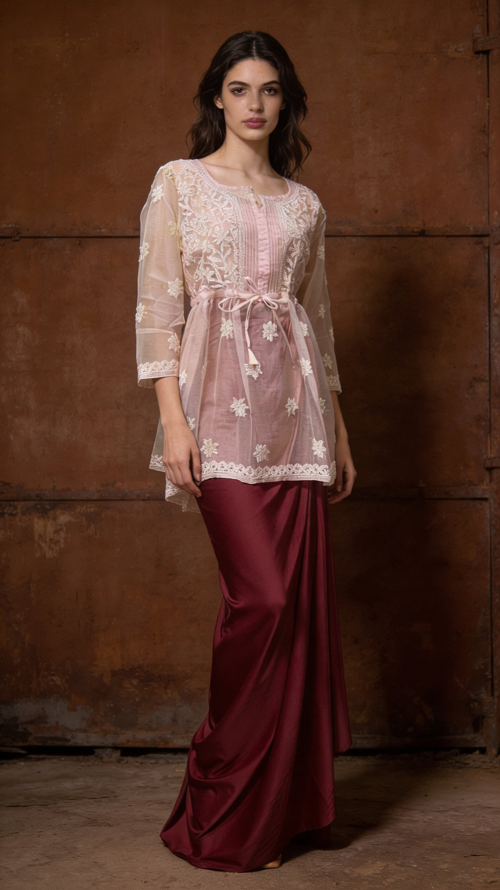 Chikankari Whisper Organza Peplum Set with Satin Drape Skirt