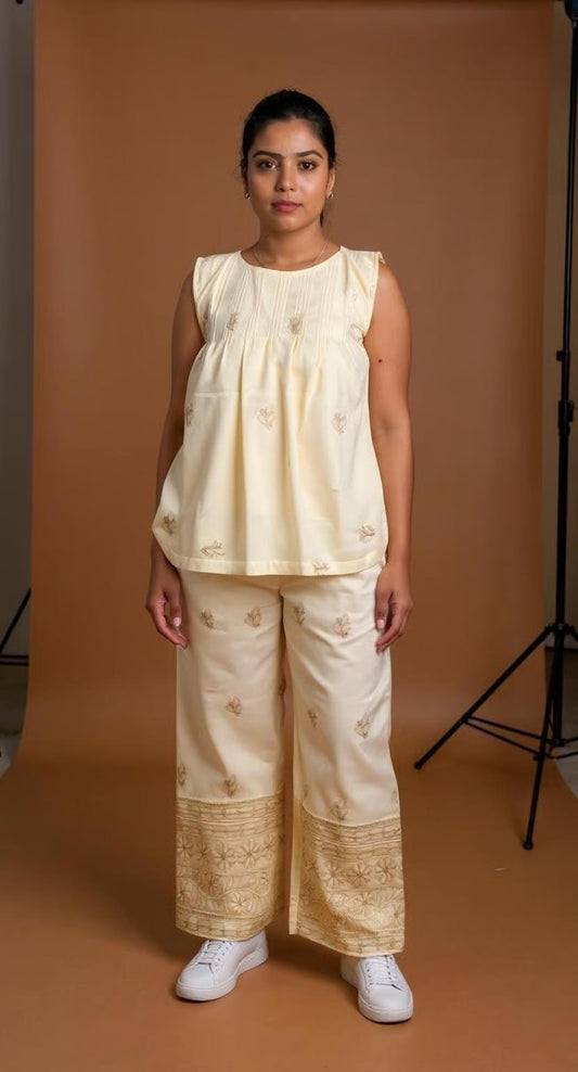 BLOOM-Pure Cotton Dull Yellow Embroidered Pleated Top