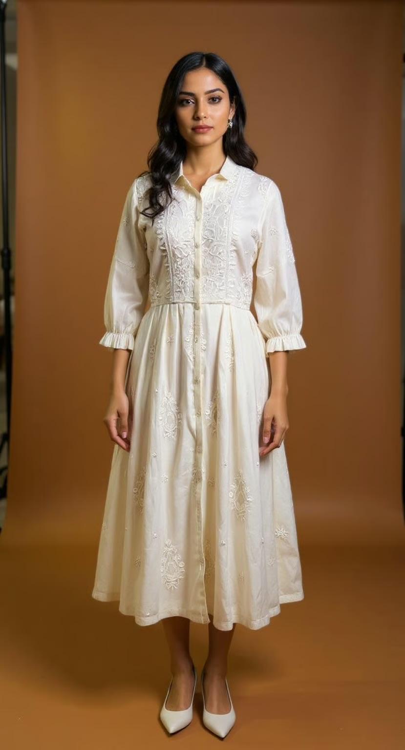 MOONLIGHT Crescent- Mul Chanderi Off White Fit and Flare Dress with Pleated sleeves