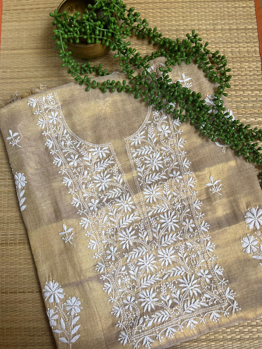 DUNES - TISSUE SILK- Brown fabric white embroidery