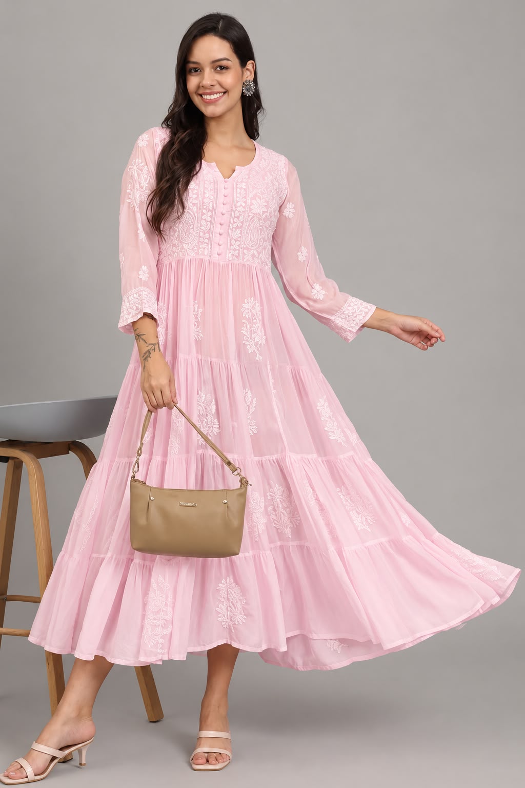 Pink Chikankari Tiered Maxi Dress