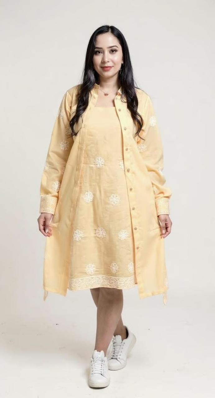 BLOOM-Pure Cotton Peach Embroidered Shirt and Slip Dress