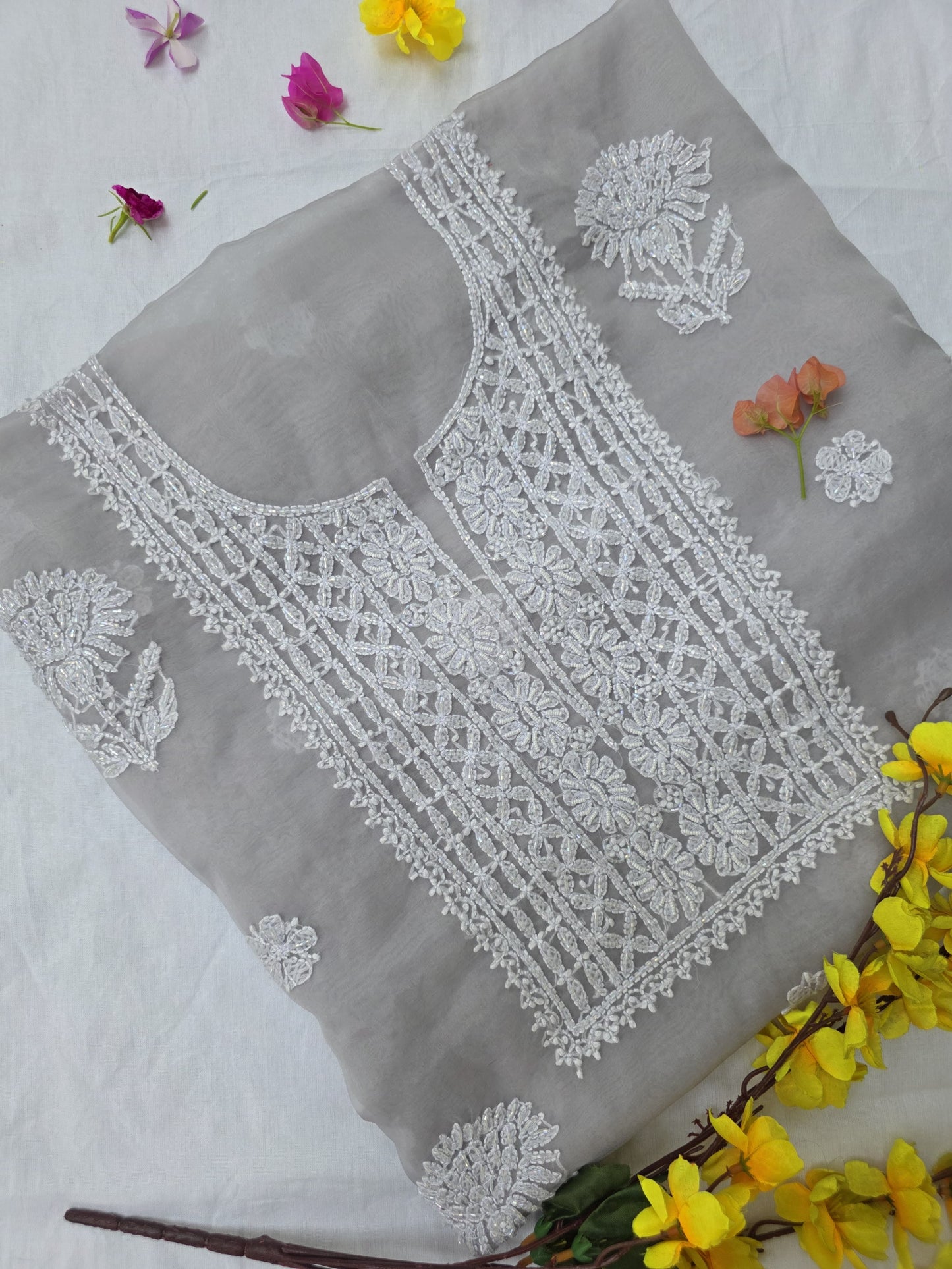 WHISPER- ORGANZA- Dull Grey white embroidery