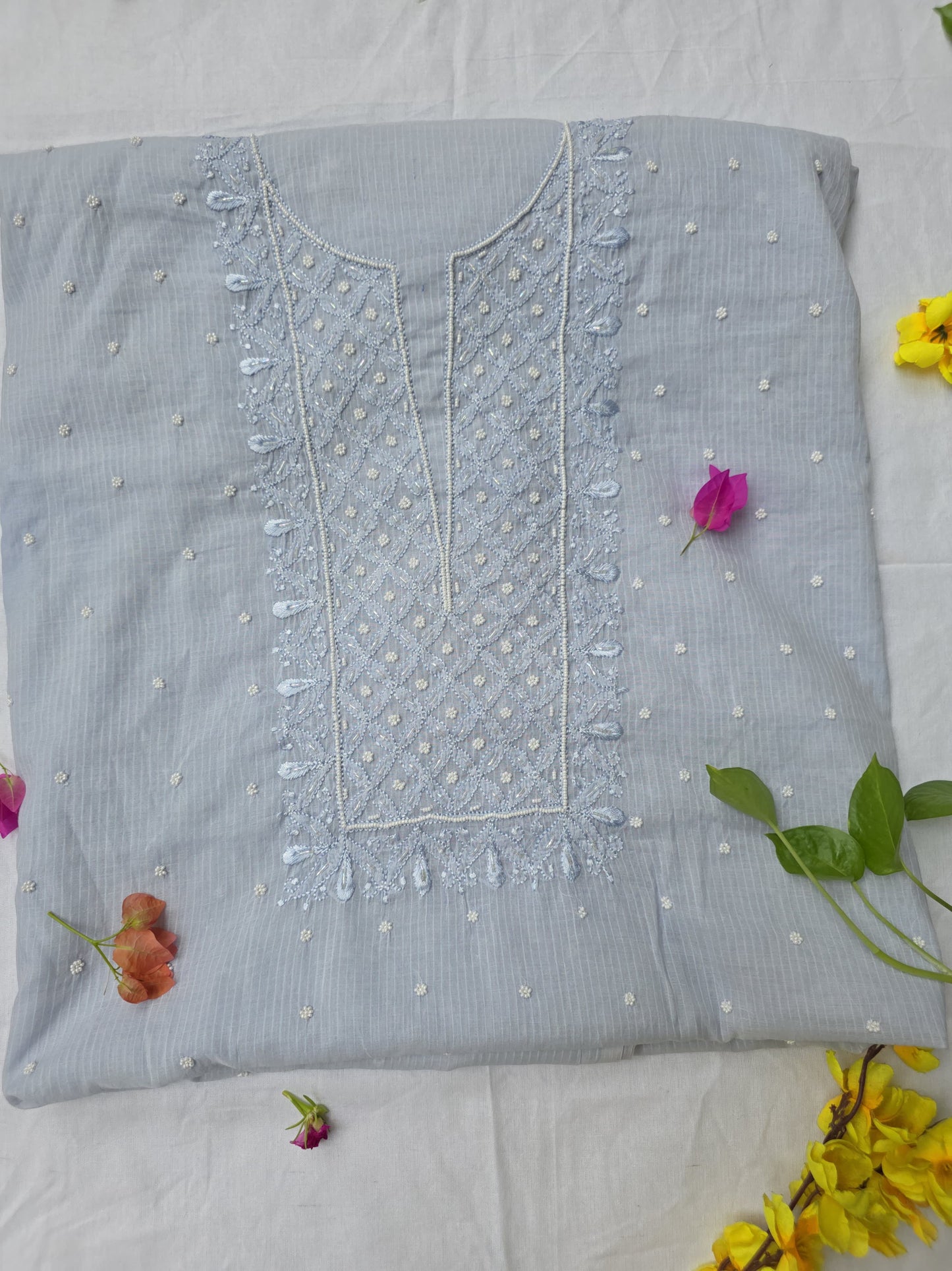 MUSE- KOTA COTTON- Light Blue with Shiny blue embroidery