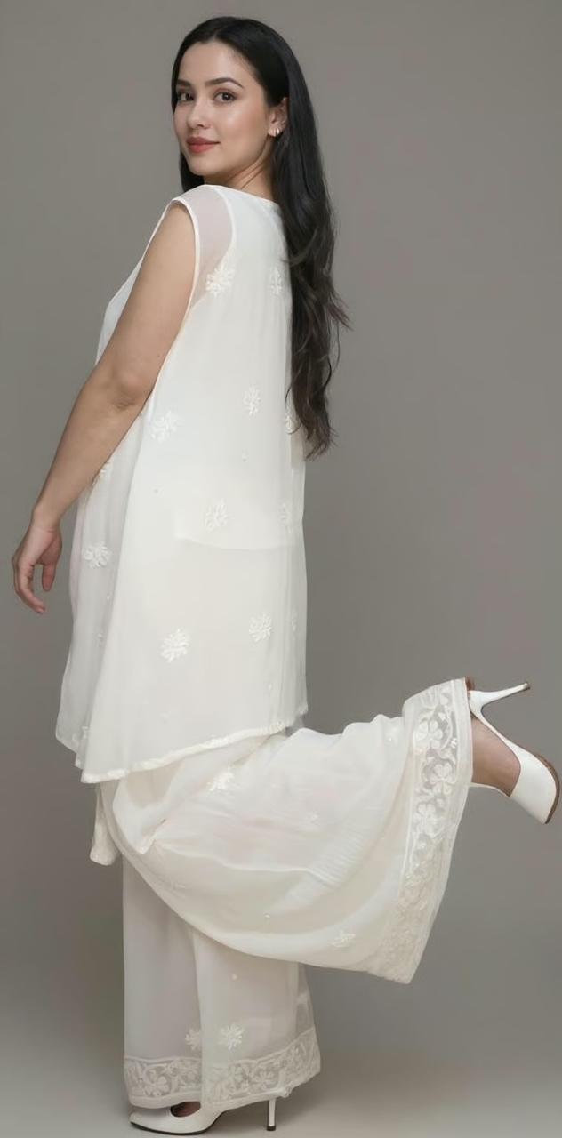 POEM- Premium Viscose Georgette White Co-ord Set with Embroidered Pant, Top and CoverUp