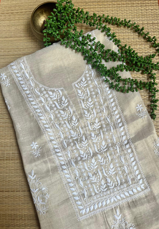 DUNES - TISSUE SILK- Beige fabric white embroidery