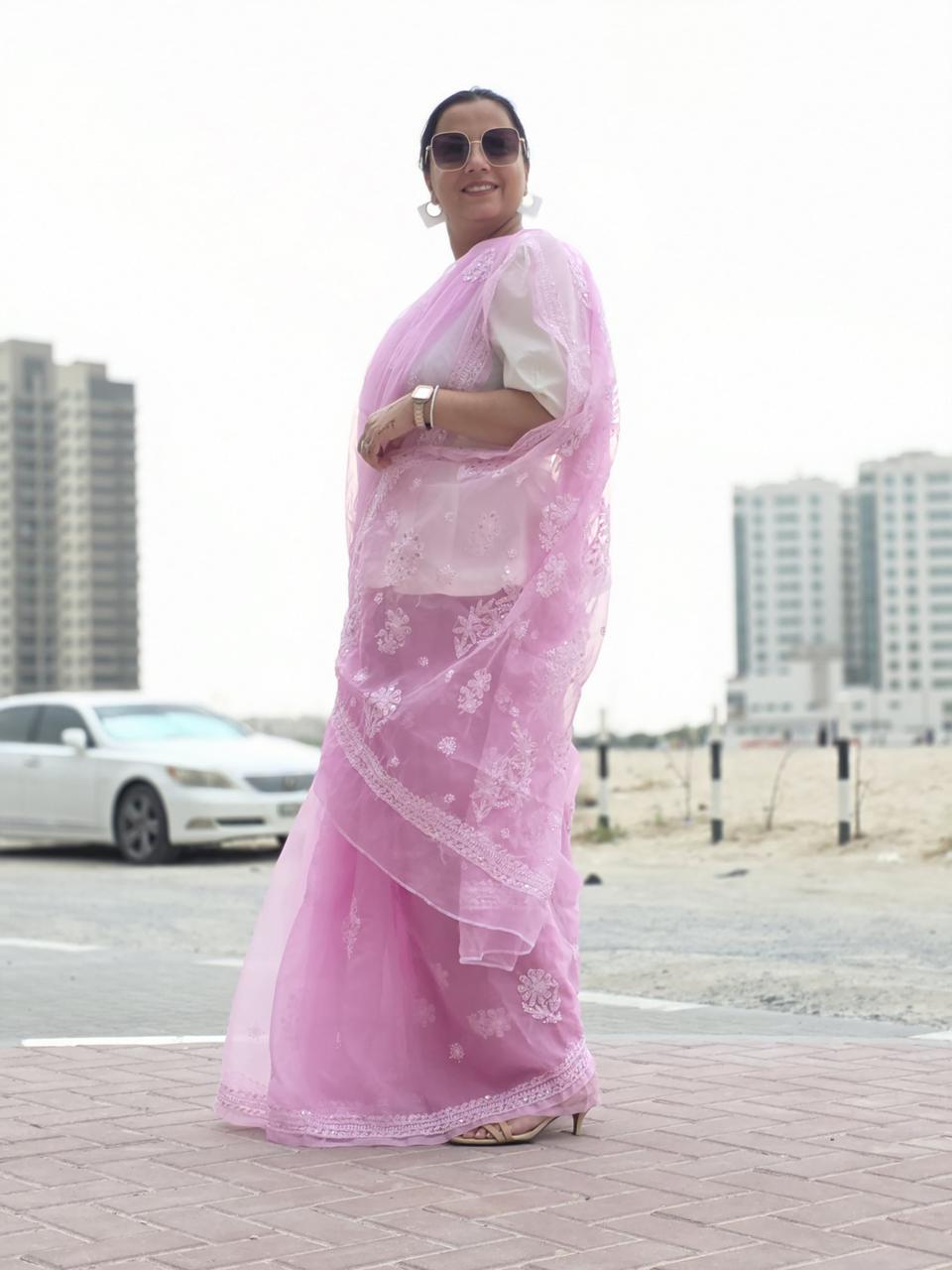 Gulabi Badal – Dreamy Pink Organza Saree with Floral Chikankari