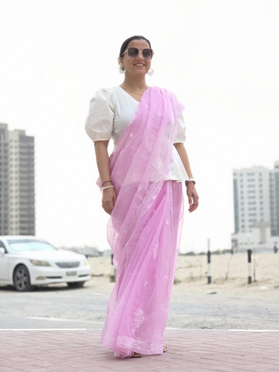 Gulabi Badal – Dreamy Pink Organza Saree with Floral Chikankari