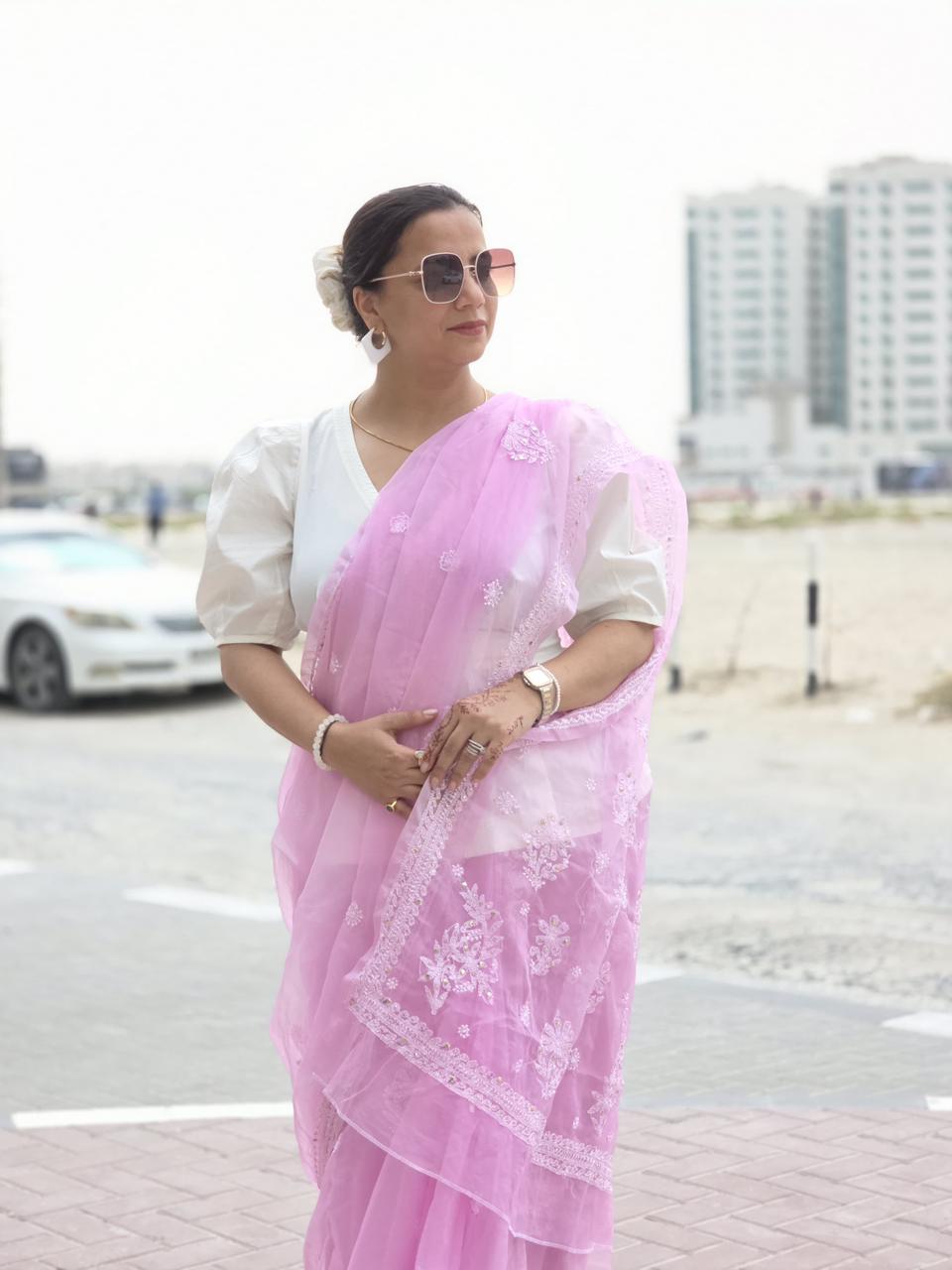 Gulabi Badal – Dreamy Pink Organza Saree with Floral Chikankari