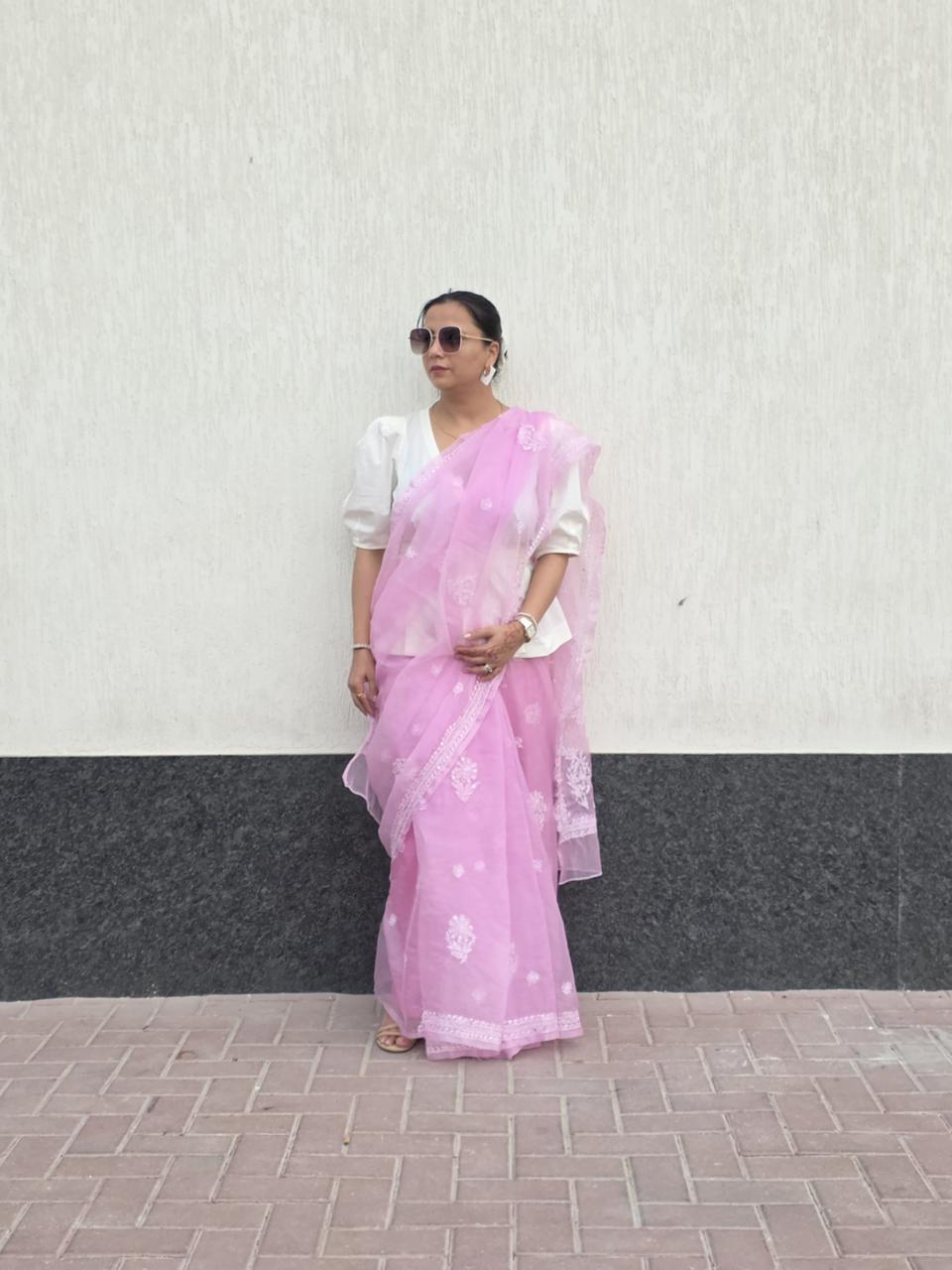 Gulabi Badal – Dreamy Pink Organza Saree with Floral Chikankari