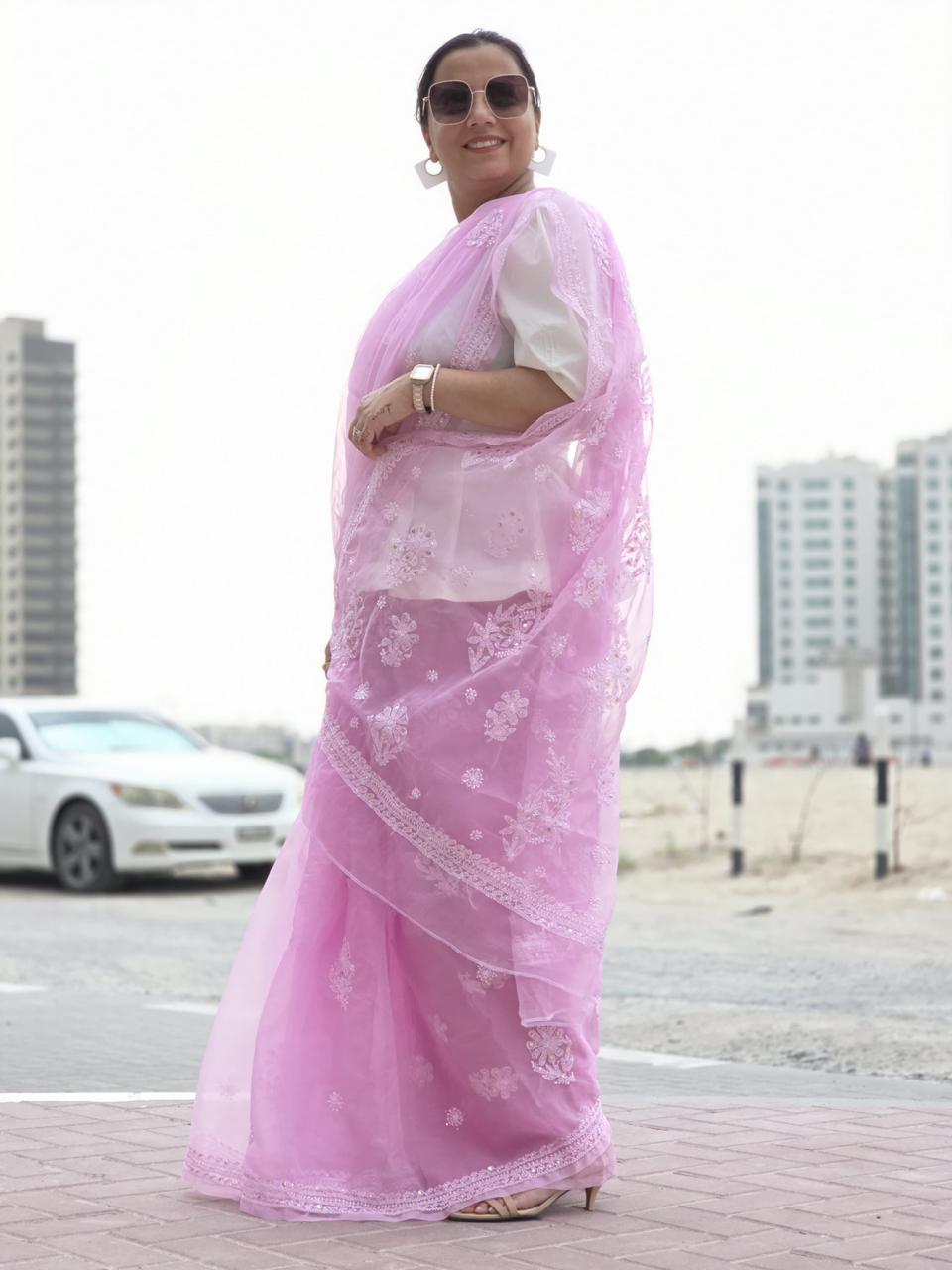 Gulabi Badal – Dreamy Pink Organza Saree with Floral Chikankari