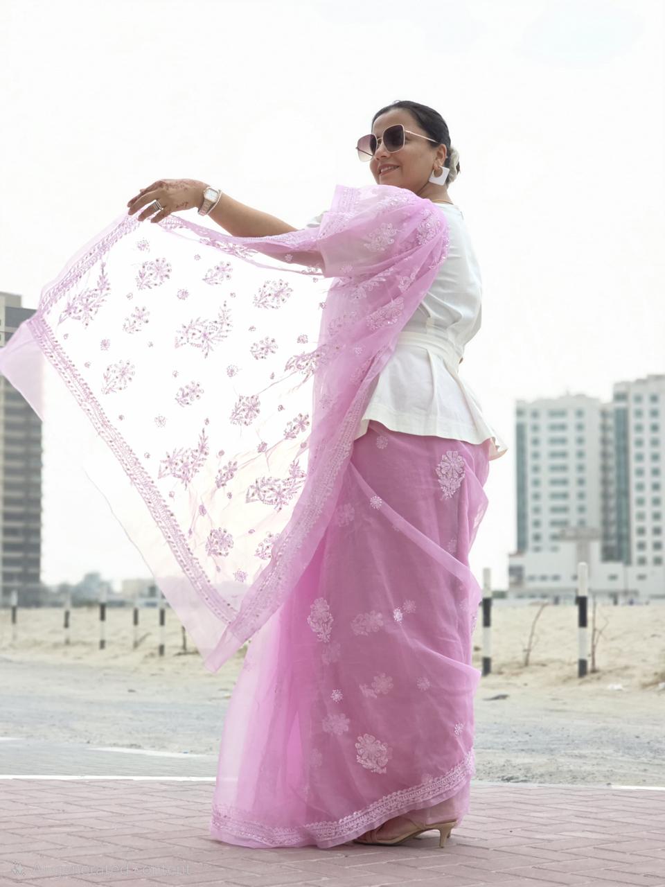 Gulabi Badal – Dreamy Pink Organza Saree with Floral Chikankari