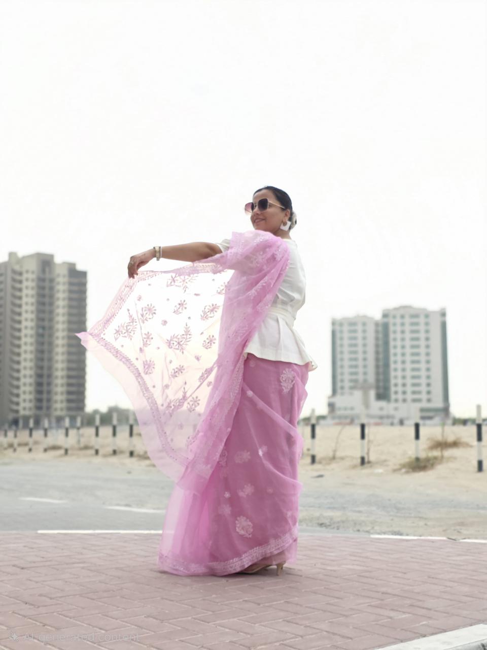 Gulabi Badal – Dreamy Pink Organza Saree with Floral Chikankari