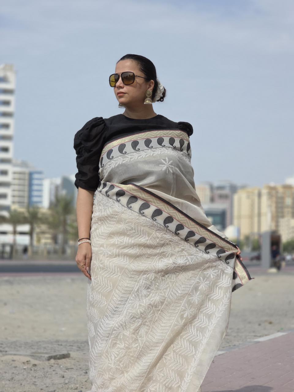 Rehnuma – Beige Nalli Silk Saree with Black‑and‑White Motif Border