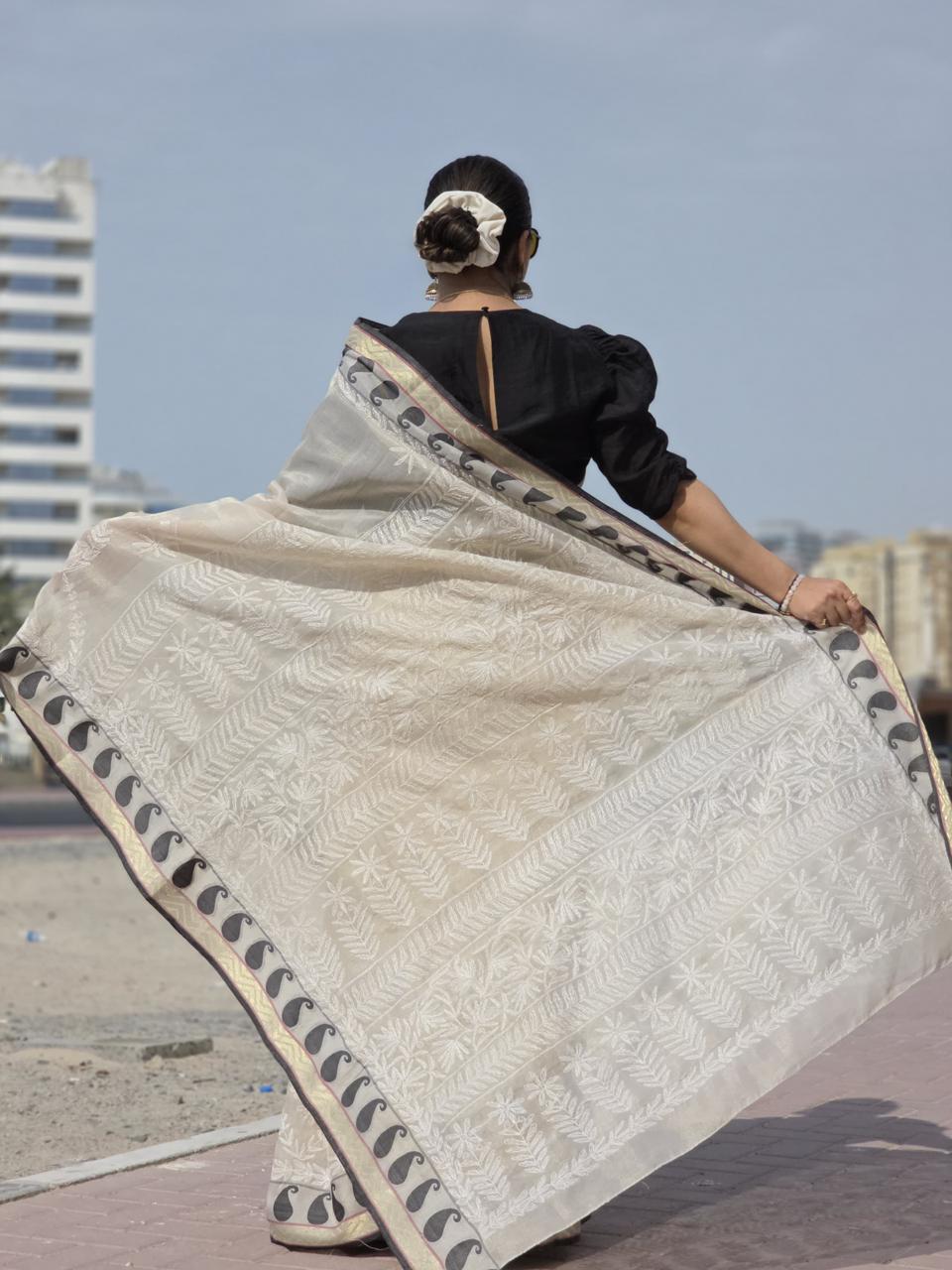 Rehnuma – Beige Nalli Silk Saree with Black‑and‑White Motif Border