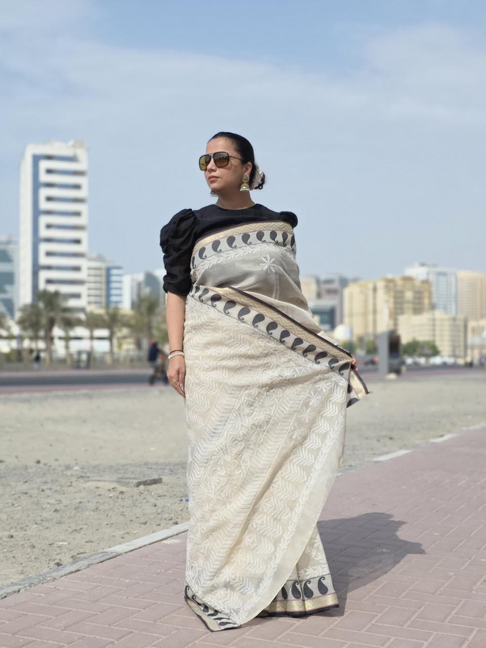 Rehnuma – Beige Nalli Silk Saree with Black‑and‑White Motif Border