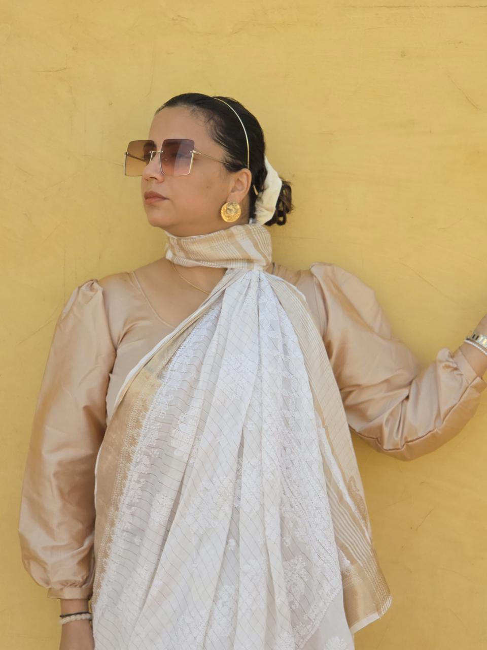 Safaid Kanz – Pure White Mul Chanderi Saree with Bronze Border