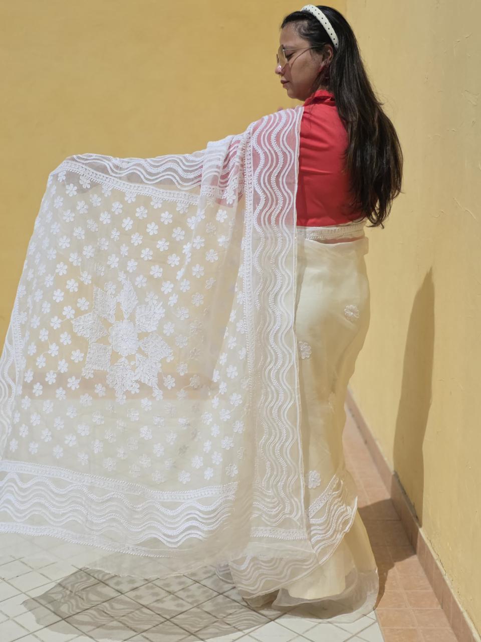 Noor‑e‑Safaid – Hand‑Embroidered White Organza Chikankari Saree