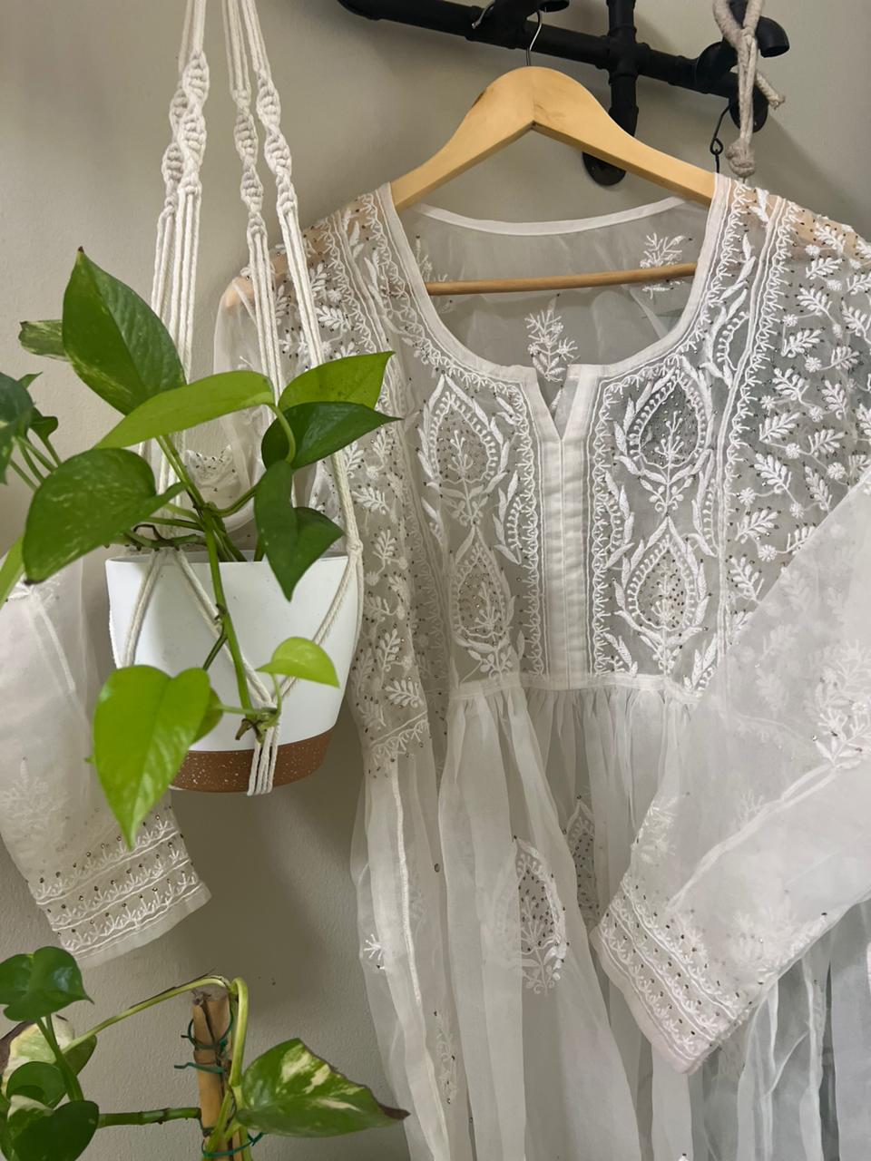Whisper Organza Chikankari Long Kurti
