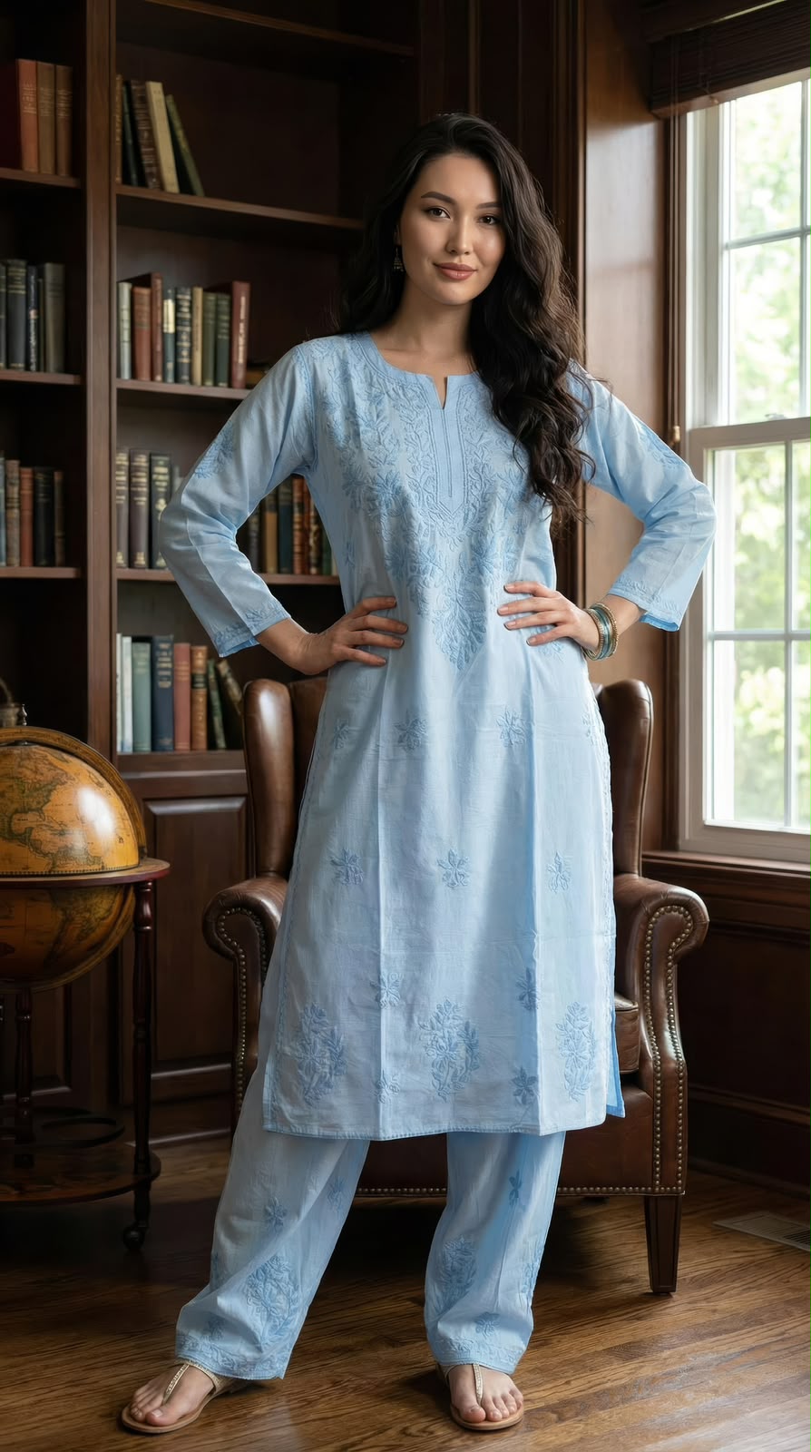 Chanderi Co-Ord Set - Long Kurti &amp; Parallel Pants - Women
