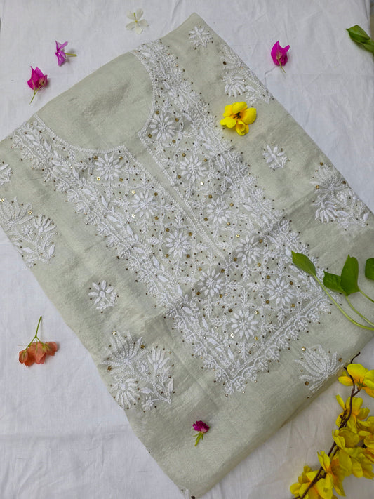 DUNES - TISSUE SILK- Pista Green Color with White thread and Mukaish embroidery