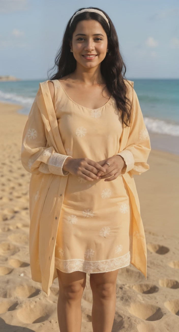 BLOOM-Pure Cotton Peach Embroidered Shirt and Slip Dress