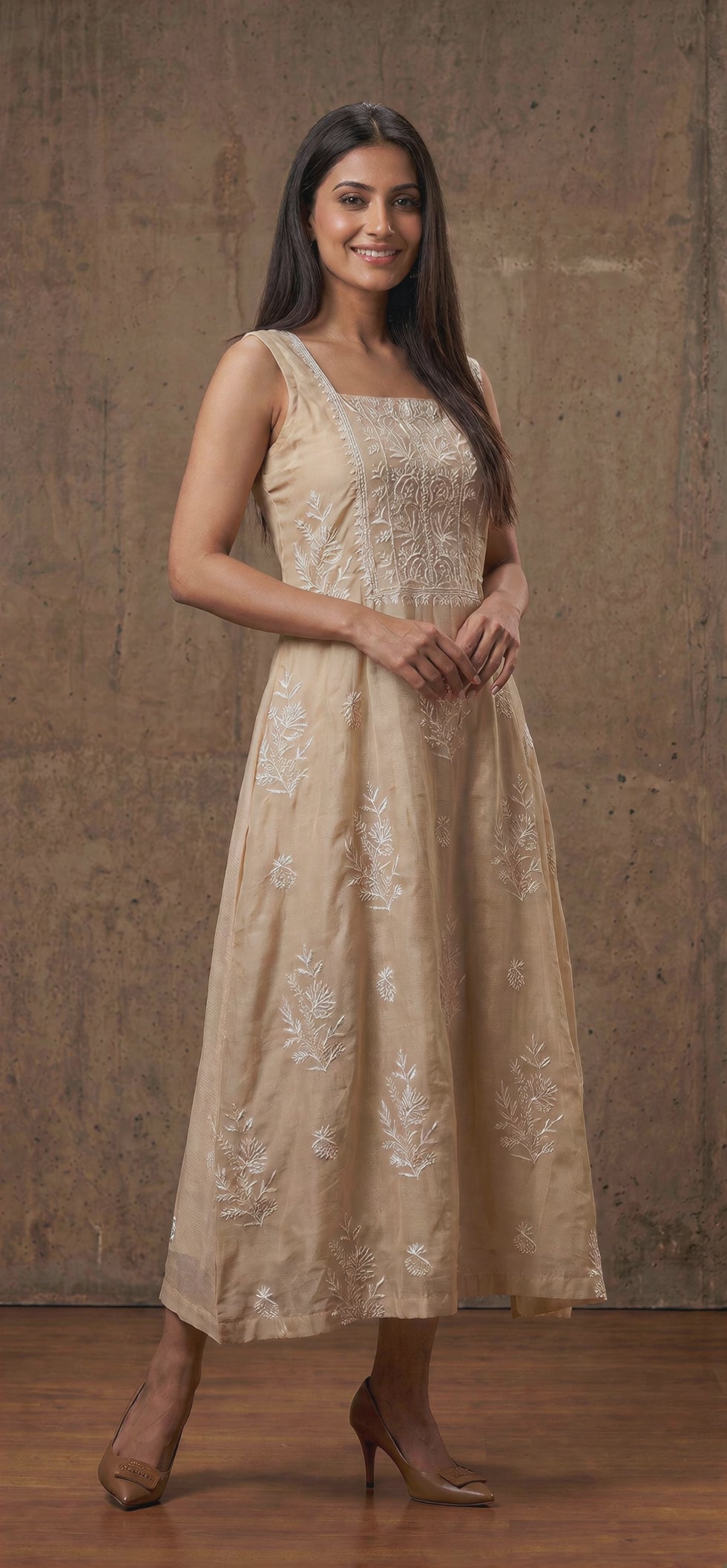 DUNES Chikankari Tissue Silk Straight Midi Dress